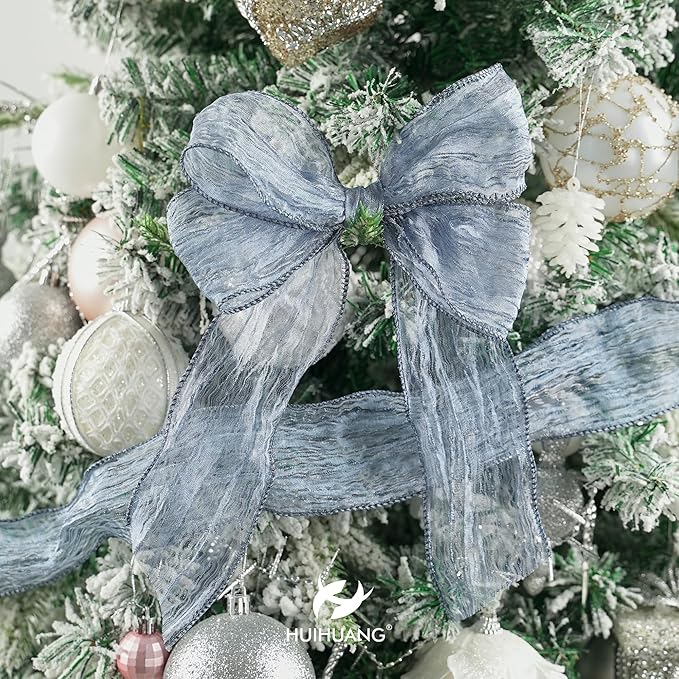 HUIHUANG Blue Wire Ribbon 2.5 inch Metallic Crinkle Dusty Blue Wired Ribbon for Bows Making Gift Wrapping Wreaths Holiday Home Decor DIY Crafts Christmas Tree Bows -10 Yards
