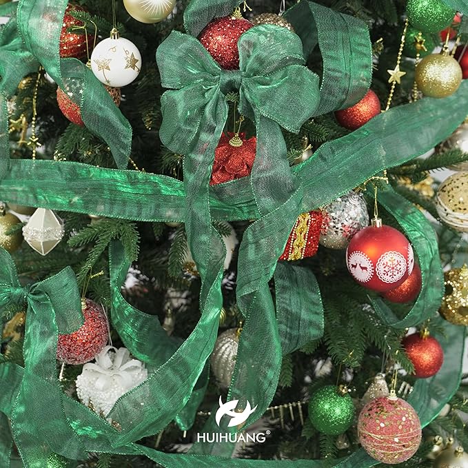 HUIHUANG Dark Green Wired Ribbon 2.5 inch Metallic Crinkle Green Wire Ribbon for Christmas Tree, Bows Making, Wreath Making Supplies, Gift Wrapping, Holiday Home Decor, DIY Crafts -10 Yards