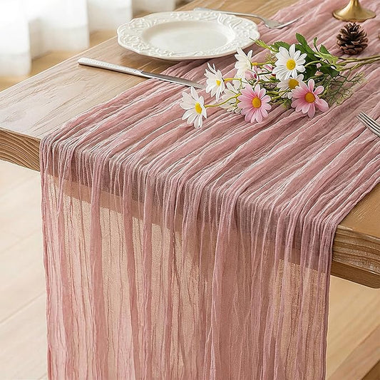 FEXIA Dusty Pink Cheesecloth Mothers Day Spring Table Runner 35x120 Inches Boho Gauze Table Runner for Wedding Party Baby Shower Engagement Decor