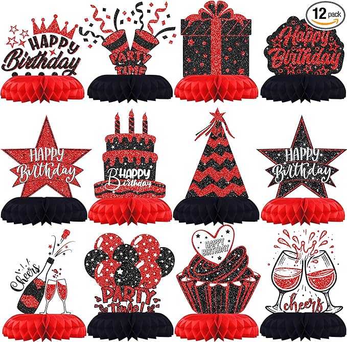Black and Red Birthday Decorations – 12PCS Honeycomb Table Centerpieces for Men Women Adults – Happy Birthday Table Decor Party Supplies