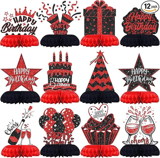 Black and Red Birthday Decorations – 12PCS Honeycomb Table Centerpieces for Men Women Adults – Happy Birthday Table Decor Party Supplies
