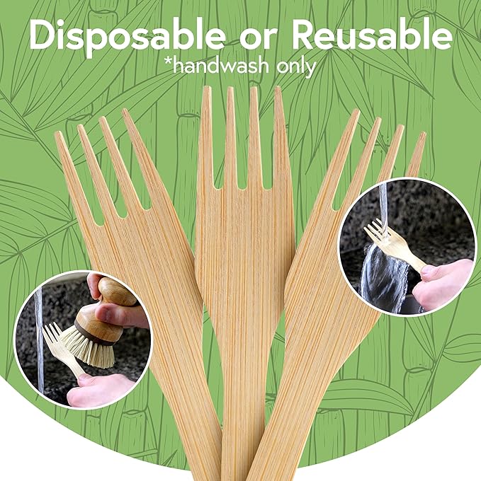 100% Bamboo Forks Set - Compostable Utensils Bulk (3000 Eco Friendly Forks) | Bamboo Cutlery Disposable or Reusable | Compostable FSC Certified Flatware for Weddings, Camping, Parties