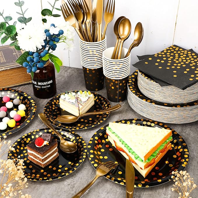 Sieral 560 Pcs Black and Gold Party Supplies for 80 Guests Golden Dot Tableware Kits Black Paper Plates Cups Napkins Gold Plastic Fork Knives Spoons for Birthday Retirement Graduation Party Decor