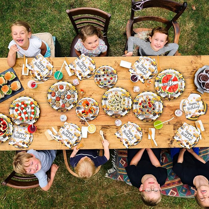 100 Pieces Construction Truck Tableware Set Party Supplies – Happy Birthday Yellow Digger Pattern Disposable Plates, Napkins, and Forks Dinnerware for Boys Birthday Construction Theme Celebrations
