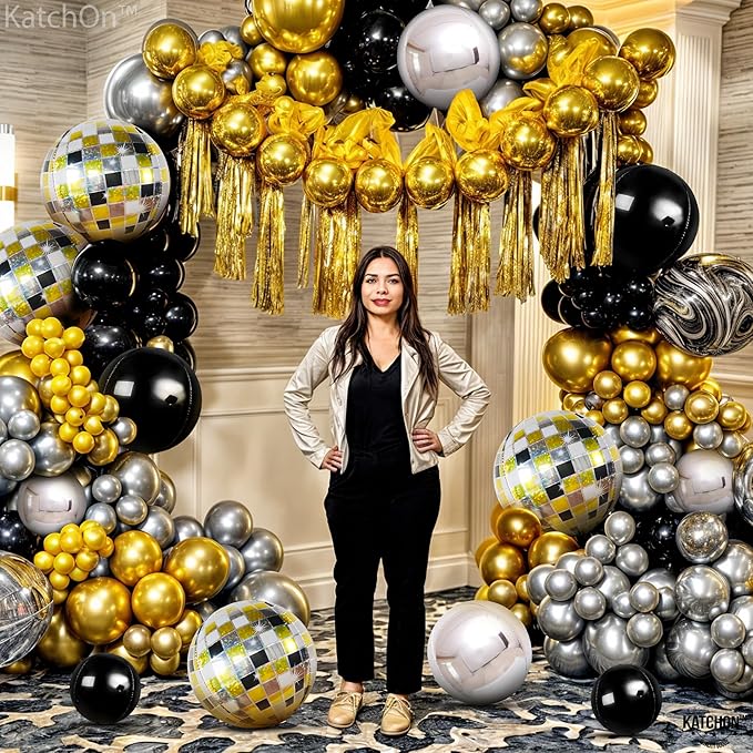 KatchOn, Disco Ball Balloons - Big 22 Inch, Pack of 14 | For Black and Gold Party Decorations | 4D Sphere Mettalic Disco Balloons | Birthday Ball Party Decoration