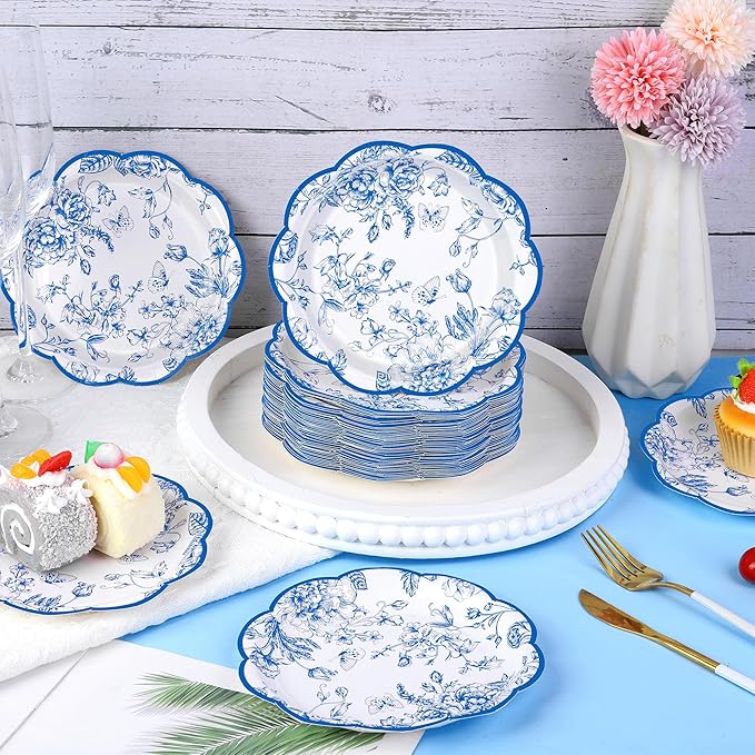 Kochorie 100 Pieces Blue Flower Paper Plates 7 Inches Disposable Floral Paper Plates Scalloped Blue Chinoiserie Vintage Flower Dessert Plate for Wedding Birthday Holiday Party Decor Supplies