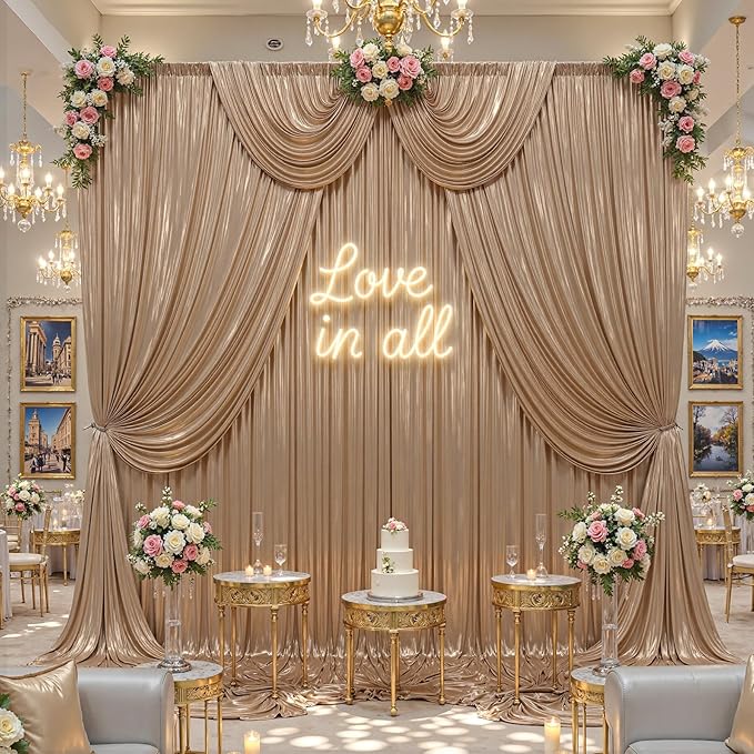 10ft x 10ft Champagne Sequin Backdrop Curtains for Party Wedding Shimmer Curtain Backdrop Prom Sparkly Glitter Fabric Photo Backdrop Drapes for Birthday Party Photography Baby Shower 5x10FT, 2 Panels