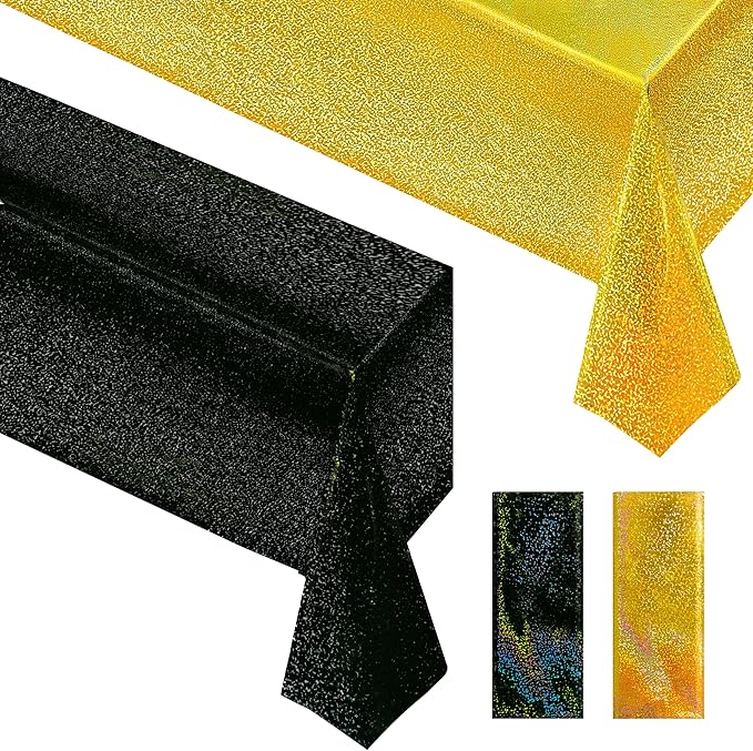 Sparkling Holographic Laser Tablecloth - Shimmering, Waterproof, Easy to Clean - Ideal for Halloween Bachelorette, Mermaid, Birthday, Wedding, and Anniversary Party Decorations (Black & Gold, 2)
