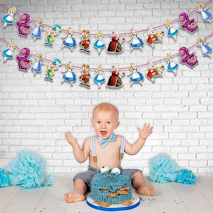 Alice in Wondrland Garland Decoration – Fairy Tale Birthday Party Supplies – Cartoon Inspired Hanging Banner for Adults – Baby Shower, School Events, Family Gatherings, and Themed Celebrations
