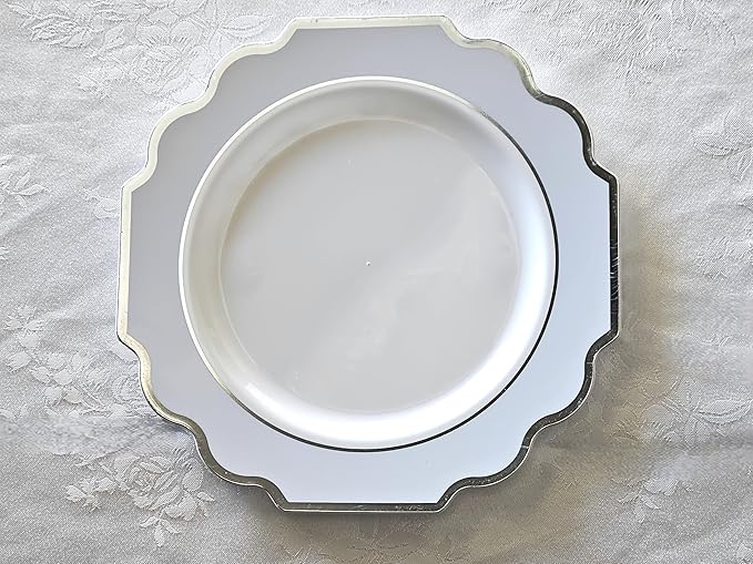 " OCCASIONS " 150 Piece set (25 Guests)-Wedding Plastic Plates & cutlery -Disposable heavyweight Dinnerware 10.5'',8''+Silverware w/double fork (Imperial in White/Baby Blue & Silver)