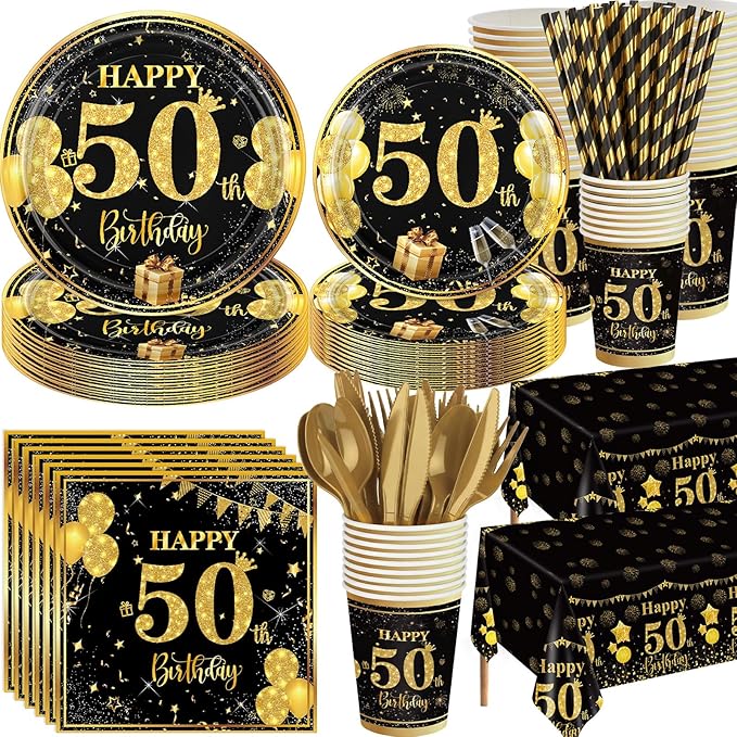Ceenna 452 Pcs 50th Birthday Party Decoration Men for 50 Guests, Happy Black Gold 50th Birthday Paper Plates Napkins Cups Tablecloth Cutlery Straw Cheers to 50 Tableware Party Supplies for Women Men