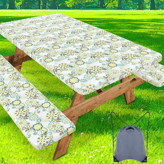 misaya Picnic Table Cover with Bench Cover, Waterproof Elastic Fitted Tablecloth for 8 Foot Tables, Rectangle Washable Polyester Tablecloths for Picnic, Camping, Outdoor (Paisley Flower, 30" x 96")