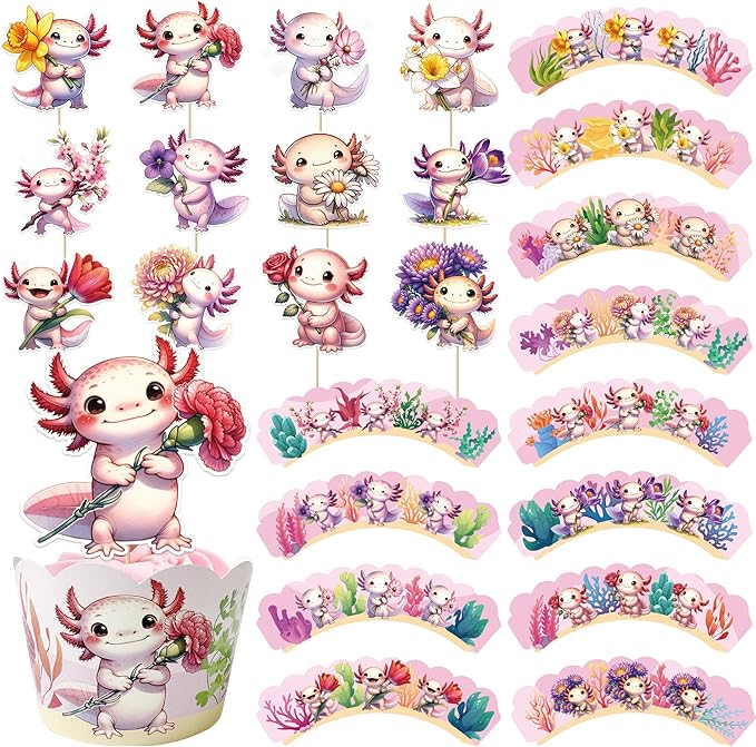 Pink Axolotl Birthday Decorations -48 Pcs Cute Cartoon Animal Axolotl Theme Cupcake Toppers Wrappers Set, Happy Birthday Party Baby Shower Supplies Photo Background Table Decor for Girls Kids