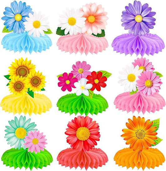 9Pcs Colorful Flower Honeycomb Centerpieces Summer Floral Party Centerpieces Sunflower Daisy Table Decorations for Summer, Spring, Baby Shower & Birthday Party