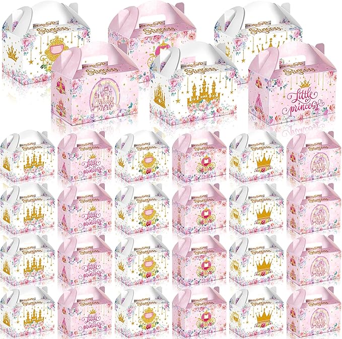 Dunzoom 24 Pcs Princess Party Favors Boxes Little Princess Goodie Treat Candy Boxes with Handles Pink Gift Container for Birthday Party Baby Shower Supplies