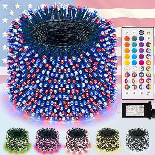 LitHome 66FT 200 LED Color Changing Christmas String Lights Outdoor, 35 Colors 9 Modes Connectable Red White and Blue Lights with Remote, Patriotic Light Plug in Green Wire for Tree 4th of July Decor