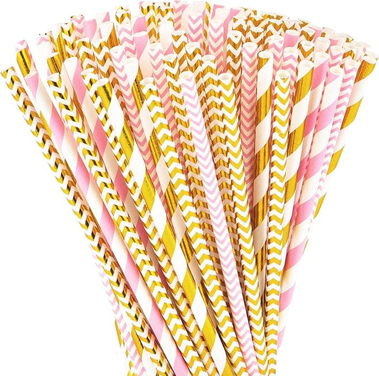 Paper Straws 200 Pack Biodegradable Gold and Pink Striped Design 8.25" Straw for Everyday/Birthday Party/Baby Shower/Wedding/Anniversary and Parties, Long Lasting by DuraHome(200 Pack, Gold & Pink)