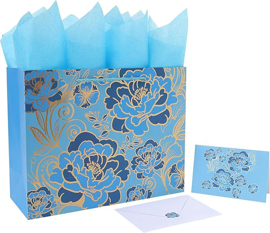 13" Large Rose Blue Gift Bag Set with Greeting Card and Tissue Paper(Foil Traced Flowers) for Celebrating Birthdays, Mother's Day, Weddings, Anniversary, Valentine's Day - 13”x5.2”x10.2”, 1 Pcs.
