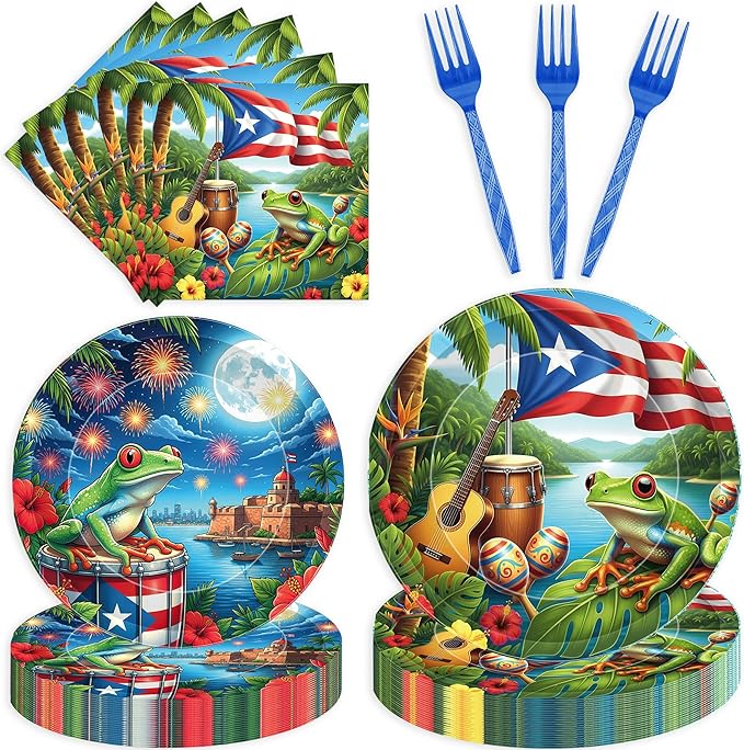 Puerto Rico Party Decorations, 96 Pcs Puerto Rican Flag Tropical Frog Plates Napkins Forks, Disposable Dinnerware for Puerto Rico Birthday Fiesta Theme Party Decor Tableware Set for 24 Guests