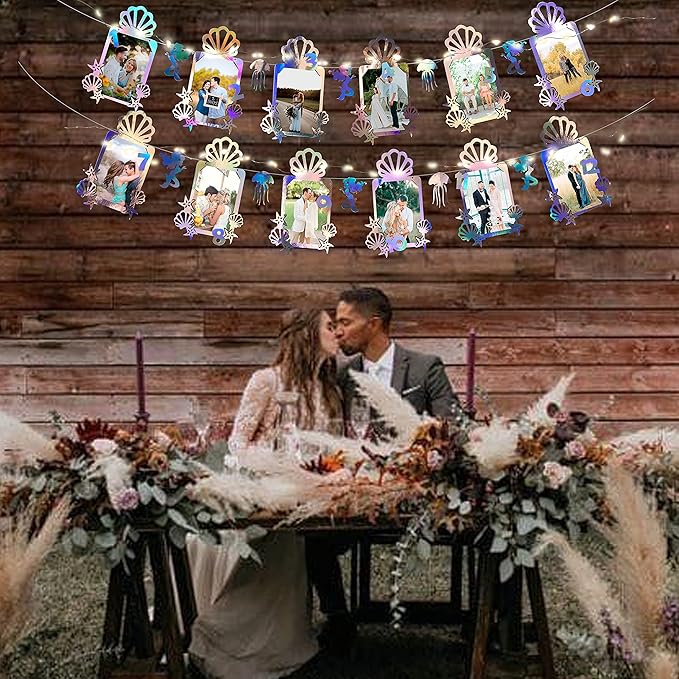 Iridescent Mermaid Photo Banner 4"x6" Jellyfish SeaShell Starfish Photograph Bunting with LED String Light for Little Mermaid Under The Sea Baby Kid Birthday Bachelorette Anniversary Party Decorations