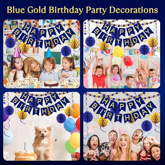 Blue Birthday Decorations, Happy Birthday Banner with Honeycomb Balls, Circle Dot Garland and Hanging Swirl Decorations for Women Men Boys Girls (Blue Gold)