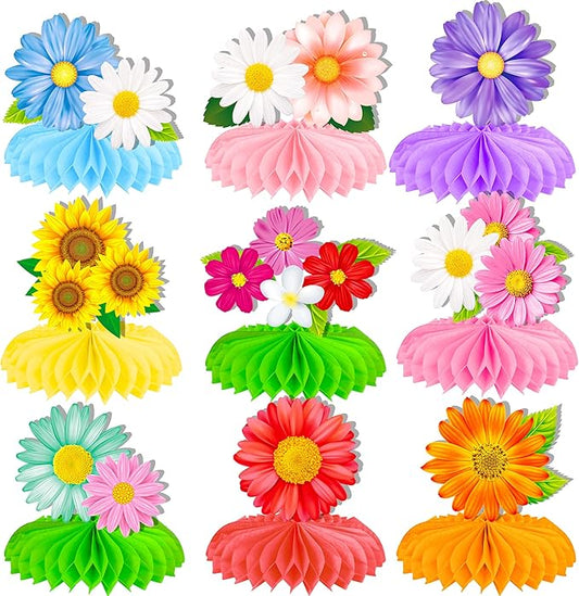 9Pcs Colorful Daisy Flower Honeycomb Centerpieces, Floral Table Toppers, Spring Summer Decor for Birthday Baby Shower Wedding Garden Tea Pool Luau Party Supplies