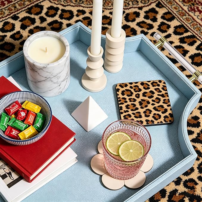 22.6'' × 13'' Coffee Table Tray Shagreen Decorative Tray for Ottoman Home Decor Serving Tray with Acrylic Gold Handles Modern Elegant Scalloped Large Ottoman Tray