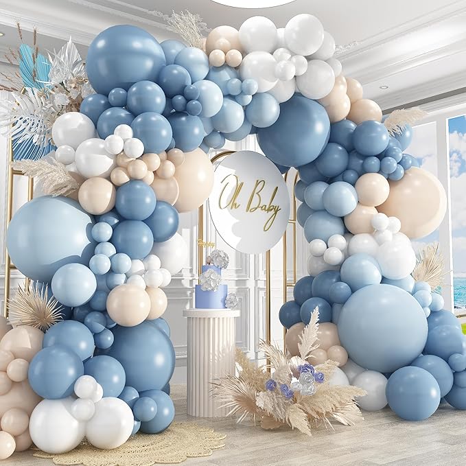 412Pcs Dusty Blue White Sand Balloon Arch Garland Kit,18 12 10 5 Inch Slate Fog Baby Blue Macaron Blue Sand White for Birthday Baby Shower Wedding Bridal Gender Reveal Decorations