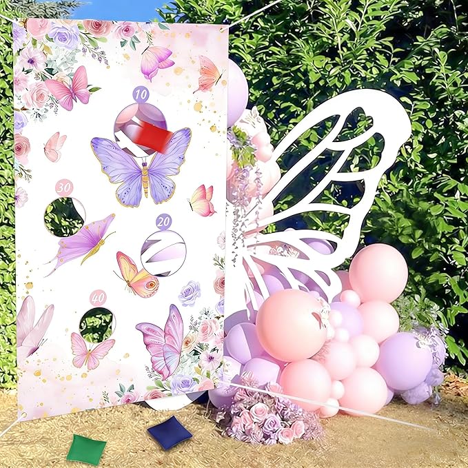 Serencatcher Butterfly Toss Game Banner with 3 Bean Bags Butterfly Bean Bag Toss Games Backdrop for Butterfly Party Games Butterfly Themed Birthday Baby Shower Party Decorations Favors