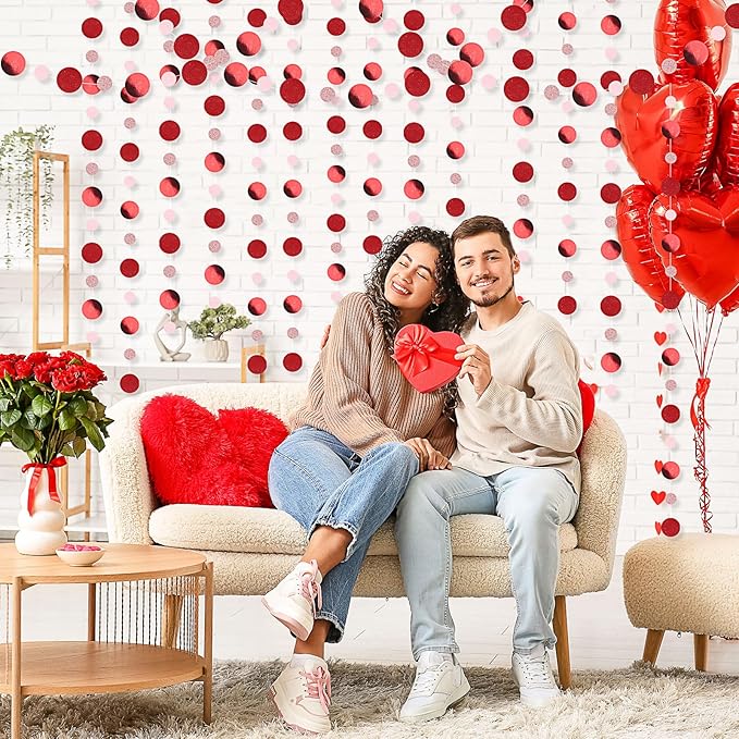 Outus 10 Pieces Red,Pink Round Dots Garland Graduation Party Hanging Decor Each Length 13.1ft Glitter Paper Dot Streamers for Birthday Wedding Classroom Supplies