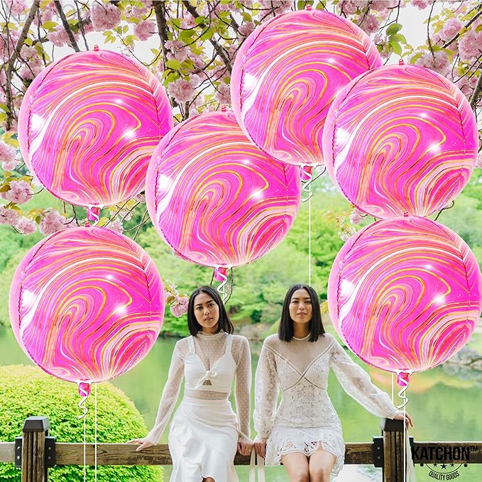 KatchOn, Big 22 Inch Pink Marble Balloons - Pack of 6 | Agate Pink Balloons For Valentines Decorations | Hot Pink and Orange Balloon for Graduation Decoration | Orange and Pink Mylar Balloon