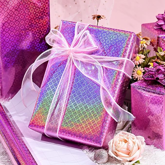 Burymento Pink Wrapping Paper Roll, Metallic Holographic Diamond Gift Wrap for Birthday, Valentines, Mothers day, Graduation, Wedding, Fathers day, Baby Shower, Christmas (17 IN x 32.8 FT)