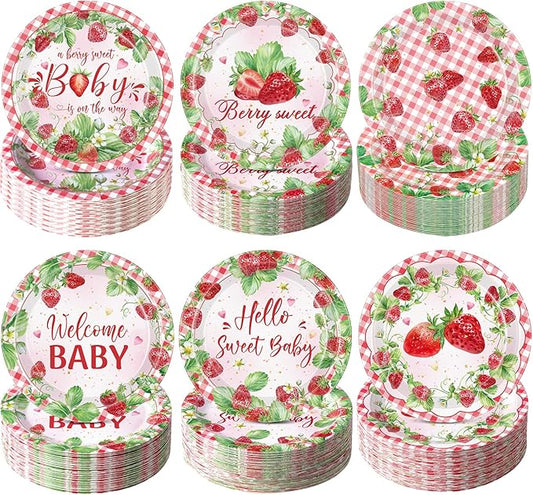 Funnymoom 60 Pcs 7 Inch Strawberry Baby Shower Paper Plates a Berry Sweet Baby Is on The Way Party Decorations Strawberry Gingham Disposable Dessert Cake Plates Birthday Party Supplies