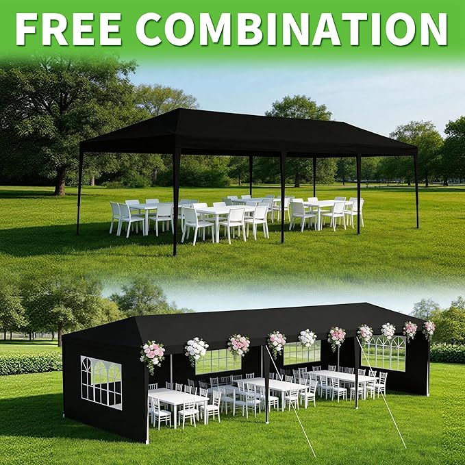 10' x 30' Outdoor Canopy Tents with 5 Detachable Sidewalls, Black Patio Gazebo Tents, Shade Shelters for Birthday, Events, Party, Wedding, Gatherings and Patio