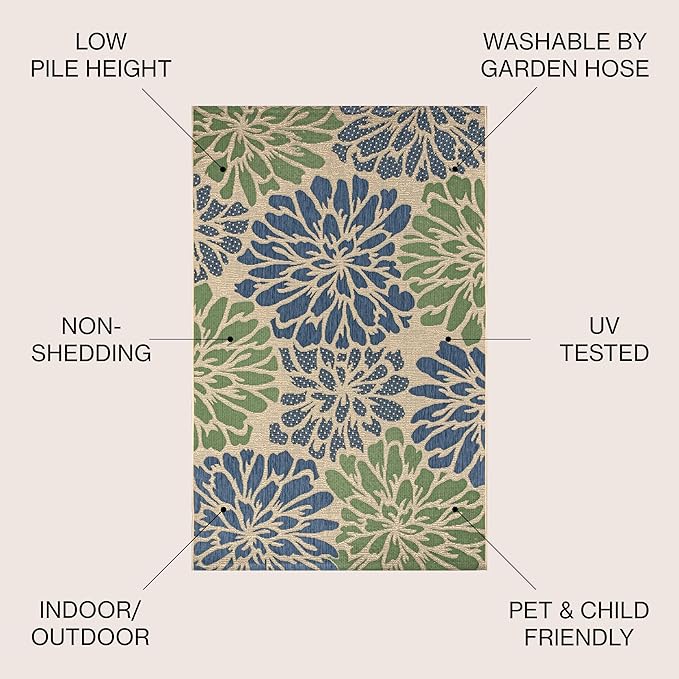 JONATHAN Y Floral Textured Weave Indoor Outdoor Area Rug 8X10 Navy/Green, Zinnia Modern for Backyard, Patio, Porch, Easy-Cleaning, High Traffic, Pet-Friendly, Non-Shedding (SMB110B-8)