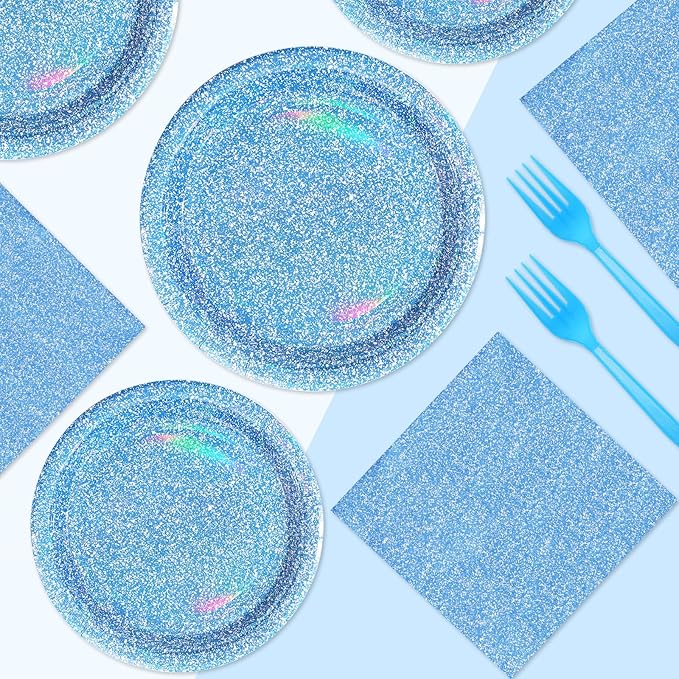 96 Pcs Blue Party Supplies Holographic Rainbow Light Blue Plates and Napkins Tableware Set Iridescent Blue Party Decorations for Summer Birthday Party Wedding Anniversary Bridal Baby Shower Serves 24