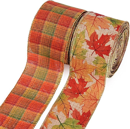 LaRibbons Fall Burlap Plaid Ribbon Wired 2 1/2" x 10 Yards 2 Rolls, Maple Leave Plaid Ribbon for Autumn Wreath Thanksgiving Farm Gift Wrapping Home Decor