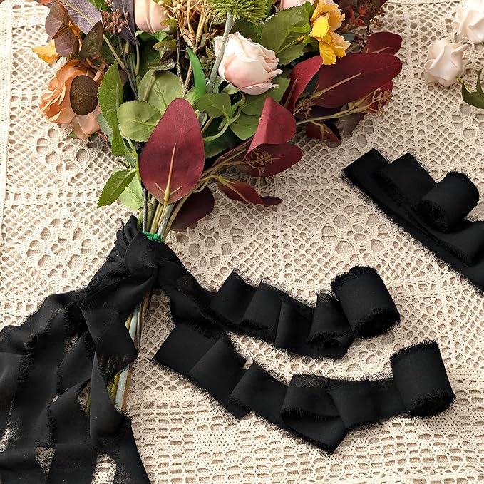 Halloween Ribbon, 6 Rolls Halloween Ribbon Gift Ribbons, 1.5" x 7Yd Black Chiffon Ribbons Set for Gift Wrapping, Wedding Invitations, Bouquet Wrap, Bridal Bouquets, DIY Crafts
