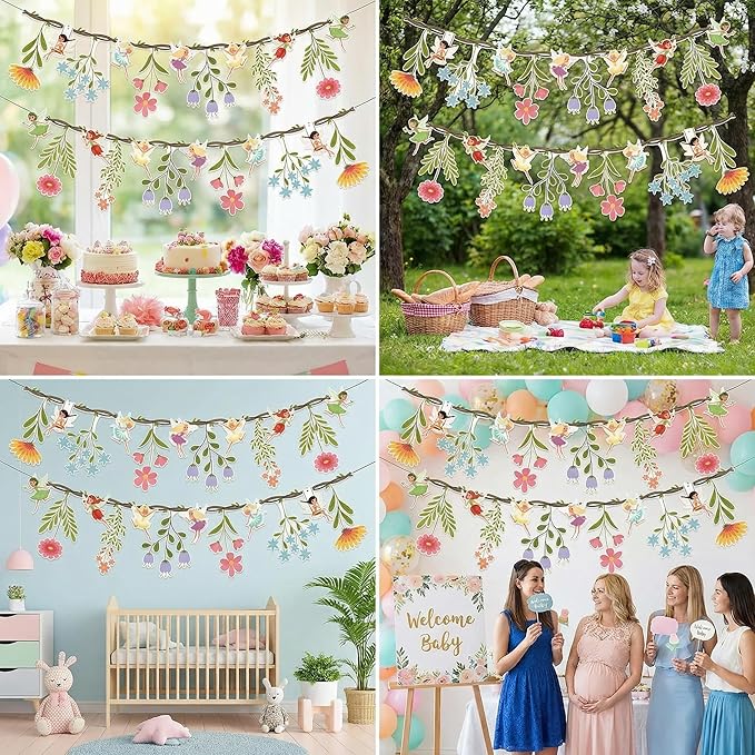 48Pcs Flower Fairy Banner Decorations Floral Designs Wildflower Garland – with 5m Jute Rope, for Baby Shower, Wedding, Easter Backdrop, Enchanted Garden Party Supplies (Fairy)