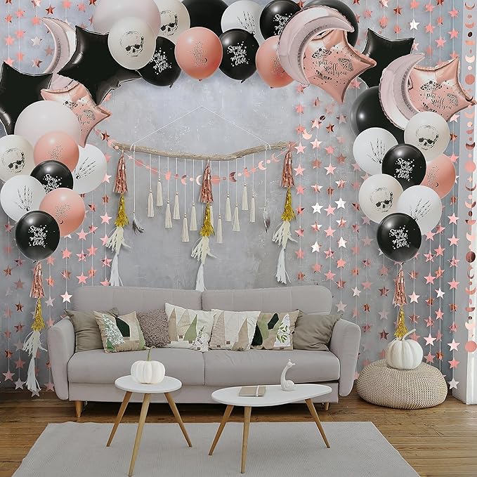 Cheerland Boho Party Decorations Rose Gold Black Balloon Kit Bohemian Birthday Decorations Cresent Moon Garlands Boho Theme Party Backdrop Halloween Party Decor