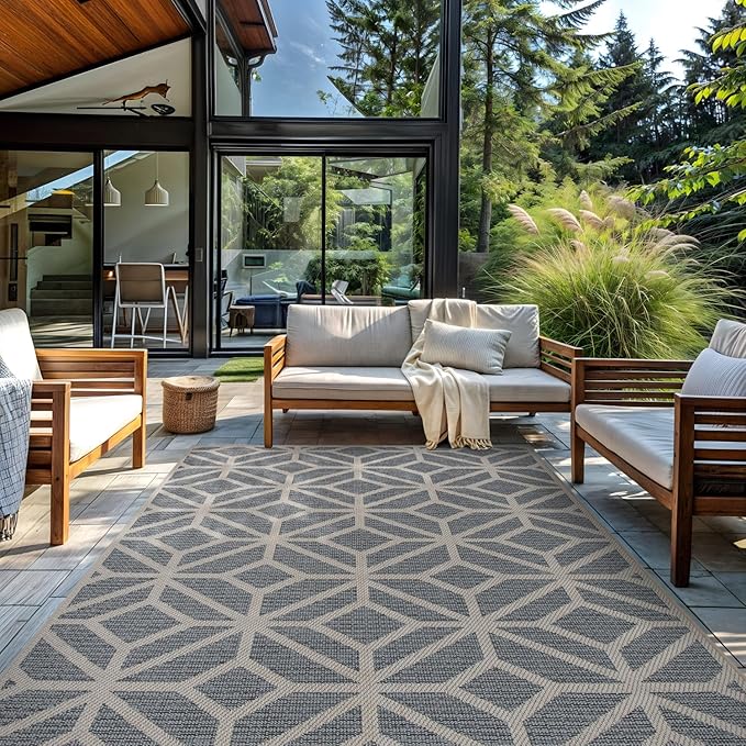 Rugshop Blue Contemporary Geometric Indoor/Outdoor Area Rug — Hose Washable for Living Room, Dining Room and Office, 7'10" x 10'