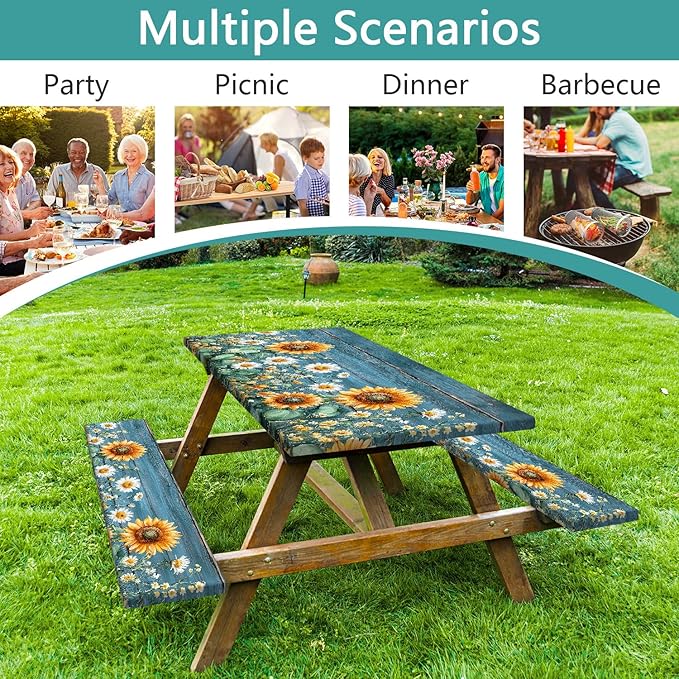 Picnic Table Cover with Bench Covers, Waterproof Elastic Fitted Tablecloths for 6 Foot Rectangle Tables, Outdoor Washable Sunflower Wooden Tablecloth for Camping 30X96in