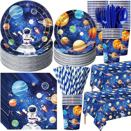 Potchen 452 Pcs Party Supplies Serve 50 Guests, Paper Plates Napkins Cups Cutlery Plastic Tablecloth Dinnerware for Birthday Wedding Party Decoration(Dark Blue, Space)