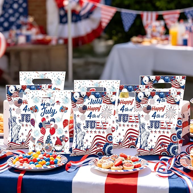 MOIZYNG 50Pcs Happy 4th of July Gift Bags with Handles, Patriotic Red White Blue Plastic Candy Treat Goodie Bags for Fourth of July Independence Day Party Favors Supplies
