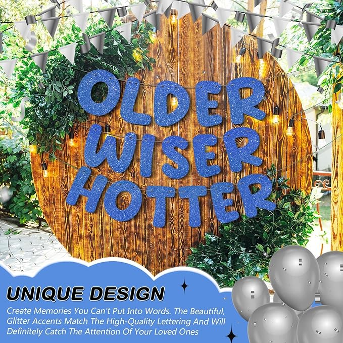 Fulmoon Set of 3 Pre Strung Older Wiser Hotter Glitter Banner Funny Birthday Banner for Women 30th 40th 50th 60th 70th 80th Birthday Party Decorations Sign Gift(Navy Blue)