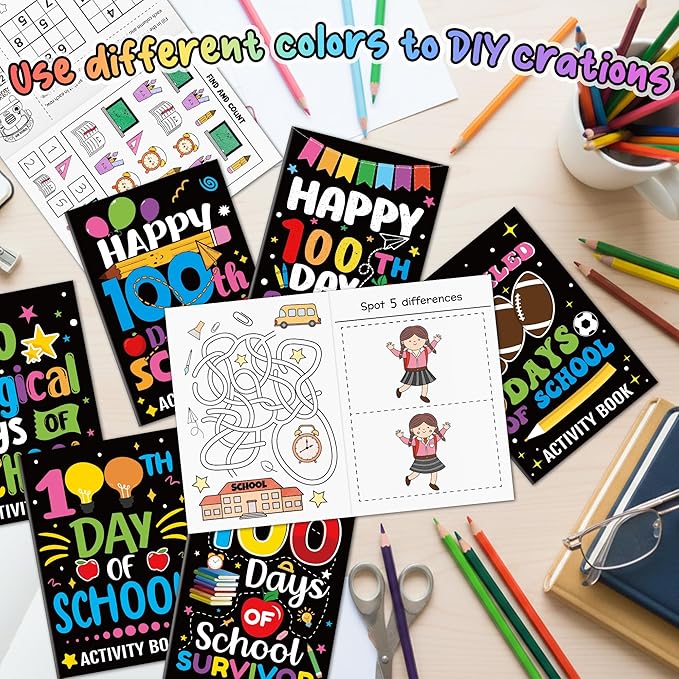 Black 100th Day of School Activity Books for Kids - 24Pcs Happy 100 Days Black Mini Games Coloring Book Set Bulk Mazes Word Search Word Scramble Games for School Classroom Reward DIY Gift Party Favors