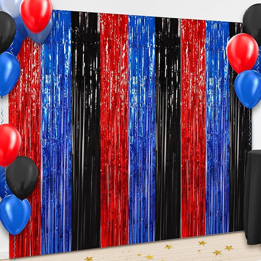 BEISHIDA 3Pcs Red Blue Black Door Streamers Backdrop Foil Fringe Tinsel Curtains Backdrops for Spider Theme Birthday Party Supplies (3.28 ft x 6.56 ft)