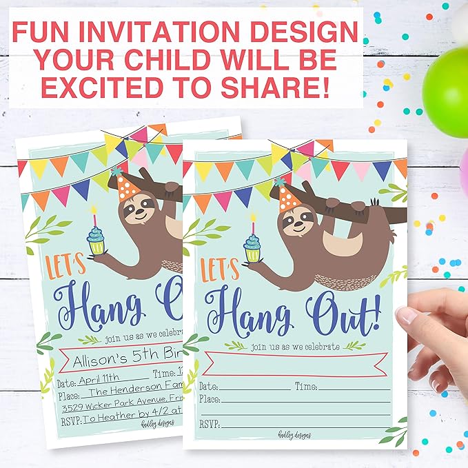Hadley Designs Kids Birthday Invitations For Boys and Girls Sloth Theme - 25 Sloth Birthday Party Invitations For Boys, Let's Hang Out Invites For Girls, Cute Animal Party Supplies, Made In USA