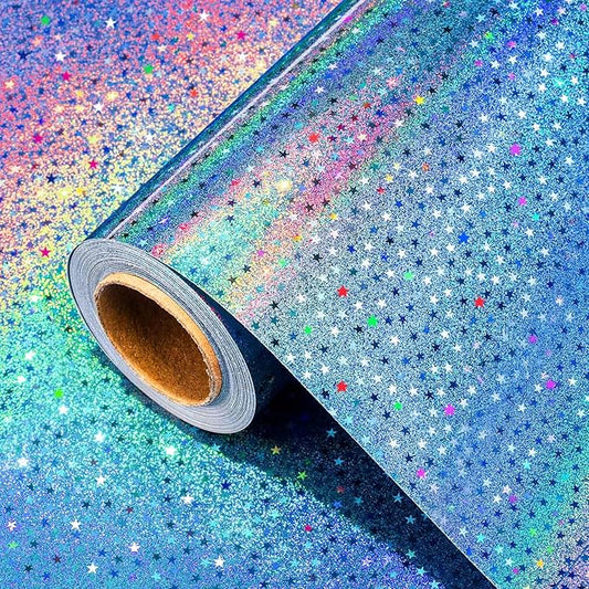 Burymento Blue Wrapping Paper Roll, Metallic Holographic Star Gift Wrap for Birthday, Valentines, Mothers day, Graduation, Wedding, Fathers day, Baby Shower, Christmas (17 IN x 32.8 FT)