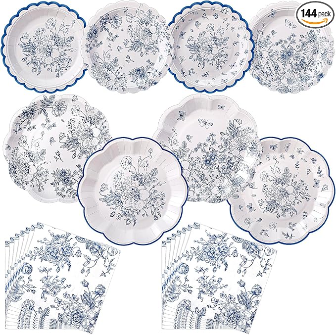 144 Pcs 48 Guests Blue Floral Party Plates and Napkins White and Blue Toile Paper Plates Napkins Chinoiserie Disposable Tableware for Baby Bridal Shower Wedding Birthday Tea Party Supplies